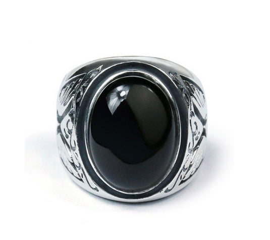 Men's unique black onyx sterling silver ring