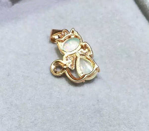 Genuine opal cute cat pendant and neckalce - MOWTE