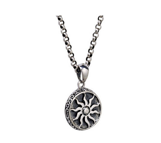 Men's elegant vintage sterling silver sun pendant & necklace