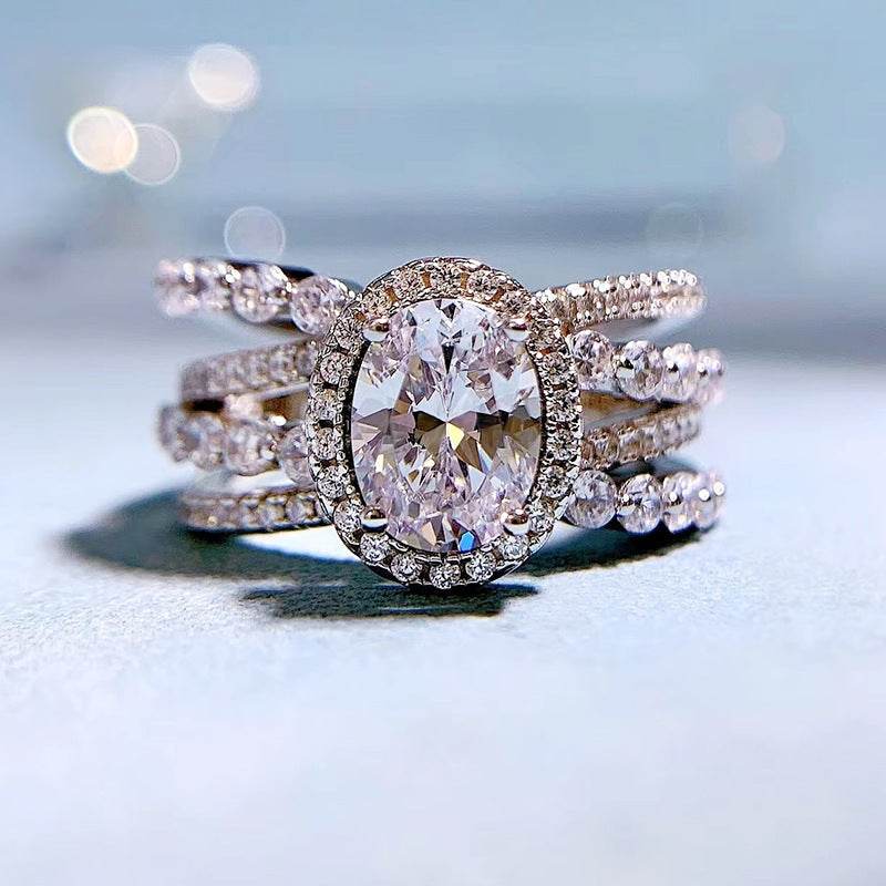 925 Sterling Silver 6x8mm Oval-Cut High-Carbon Diamond Women's Luxury Micro-Setting Ring