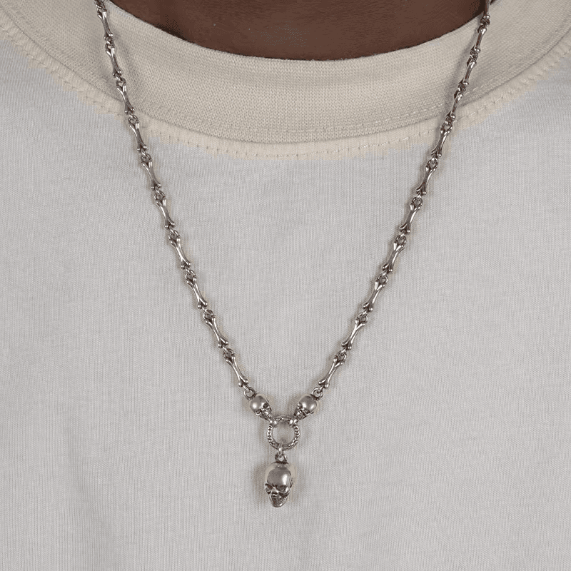 S925Skull chain made of pure silver antique skull bone necklace hip-hop men's and women's ins fashion sweater chain - MOWTE