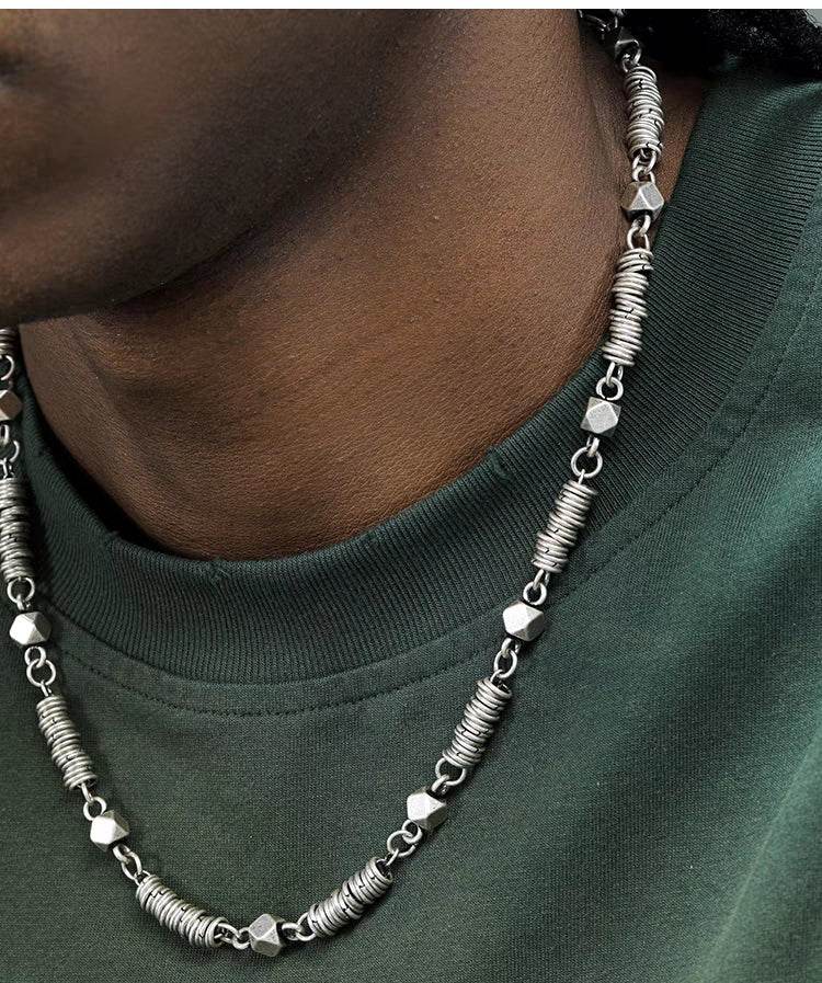O-ring block splicing titanium steel necklace for men's hip-hop personality antique silver collarbone chain high-end and trendy INS - MOWTE