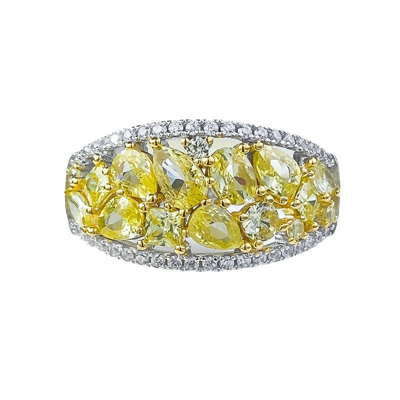 Light Luxury Ins-Style Micro-Pave High Carbon Diamond Women's Yellow Full Pavé Ring Versatile Elegant Design