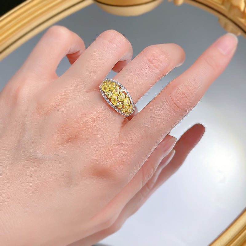 Light Luxury Ins-Style Micro-Pave High Carbon Diamond Women's Yellow Full Pavé Ring Versatile Elegant Design