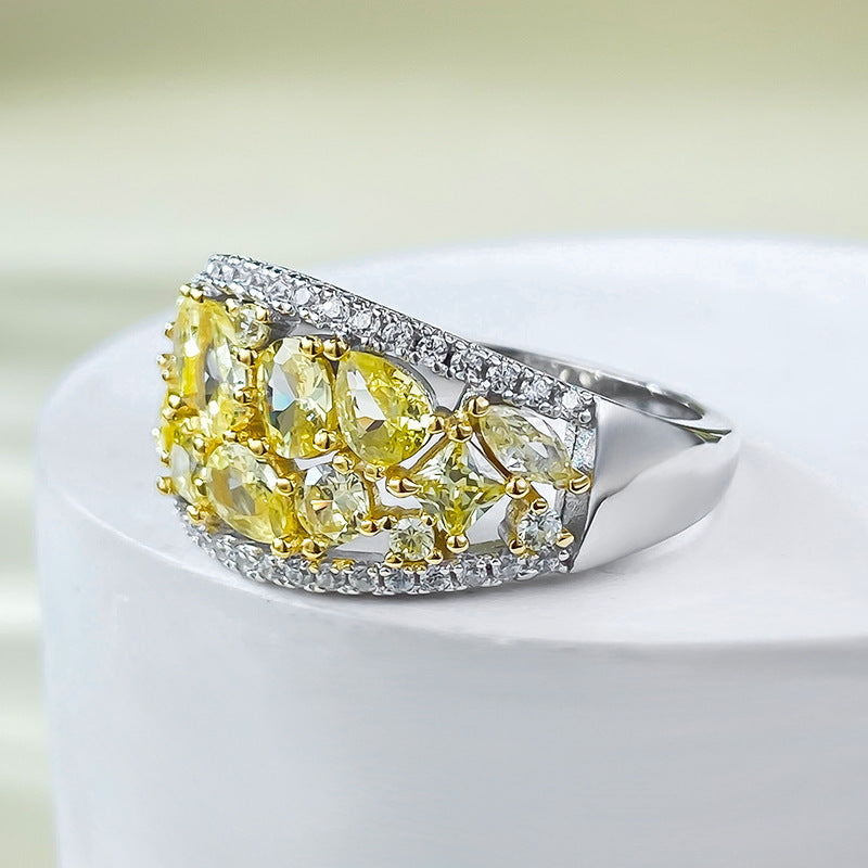 Light Luxury Ins-Style Micro-Pave High Carbon Diamond Women's Yellow Full Pavé Ring Versatile Elegant Design