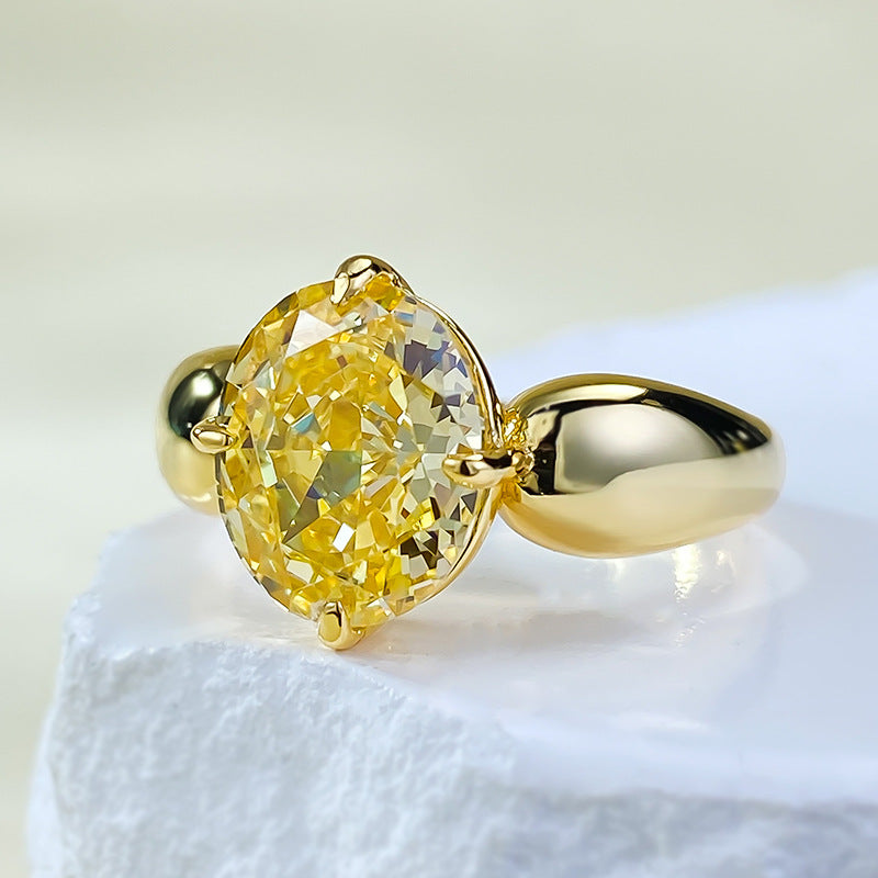 S925 Sterling Silver 8x10mm High Carbon Diamond & Snowflake-Cut Yellow Diamond Ring