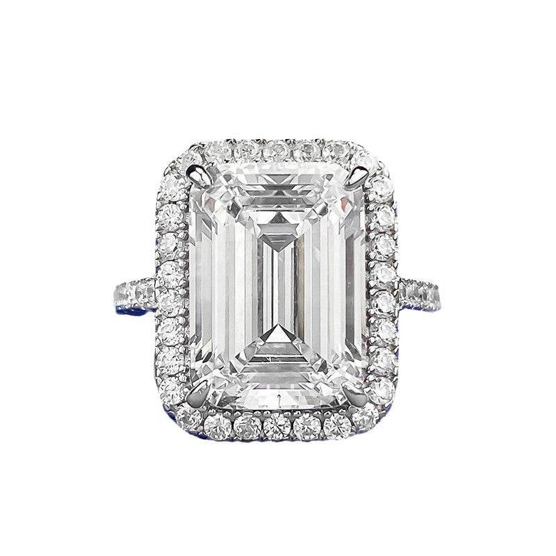 2025 New S925 Sterling Silver High-Carbon Diamond Elongated Step-Cut 10x14mm Asscher White Ring