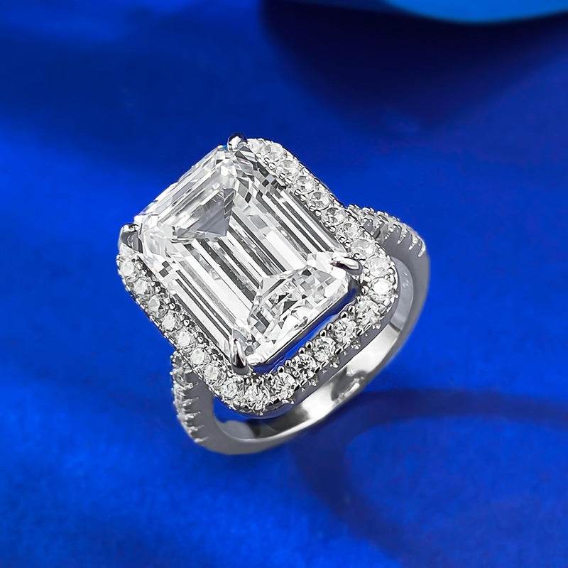2025 New S925 Sterling Silver High-Carbon Diamond Elongated Step-Cut 10x14mm Asscher White Ring