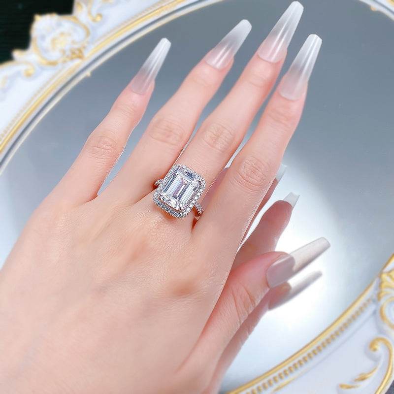 2025 New S925 Sterling Silver High-Carbon Diamond Elongated Step-Cut 10x14mm Asscher White Ring