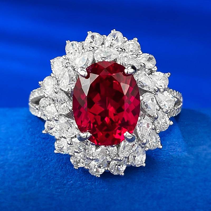 S925 Sterling Silver Pigeon Blood Red Simulated Diamond 8x10mm Oval-Cut Floral Cluster Wedding Ring - MOWTE