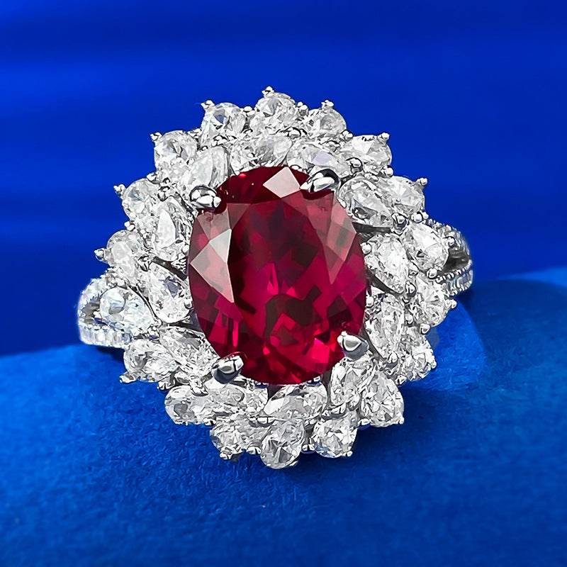 S925 Sterling Silver Pigeon Blood Red Simulated Diamond 8x10mm Oval-Cut Floral Cluster Wedding Ring - MOWTE