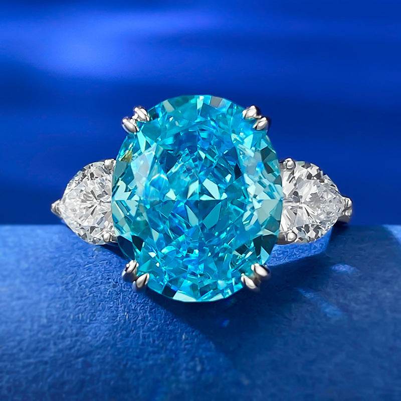 S925 Sterling Silver Aqua Blue Ice Flower-Cut 10x12mm Oval Women's Ring - MOWTE