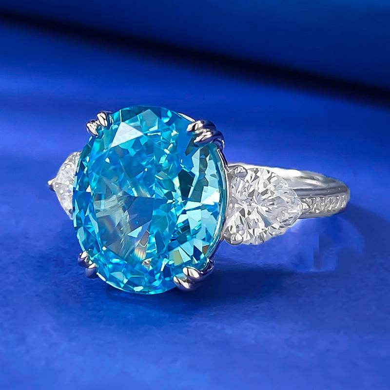 S925 Sterling Silver Aqua Blue Ice Flower-Cut 10x12mm Oval Women's Ring - MOWTE
