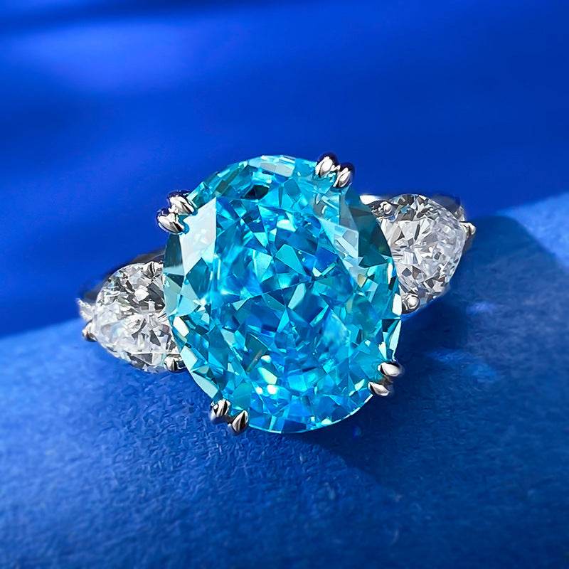 S925 Sterling Silver Aqua Blue Ice Flower-Cut 10x12mm Oval Women's Ring - MOWTE
