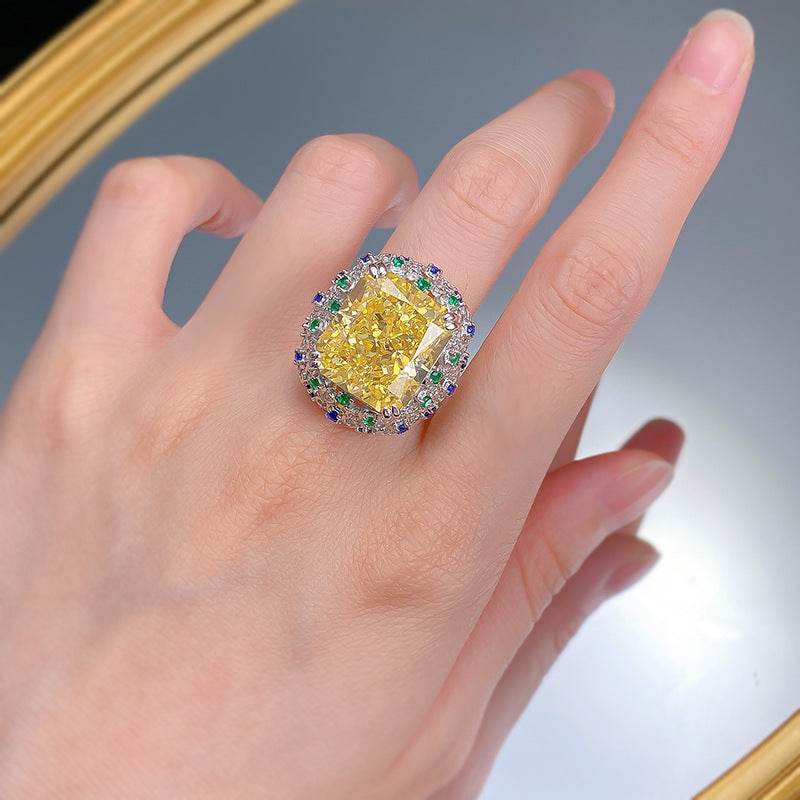 15 Carat High-Carbon Diamond Radiant Ice Flower-Cut 14x16mm Yellow Diamond Luxury Micro-Setting Ring