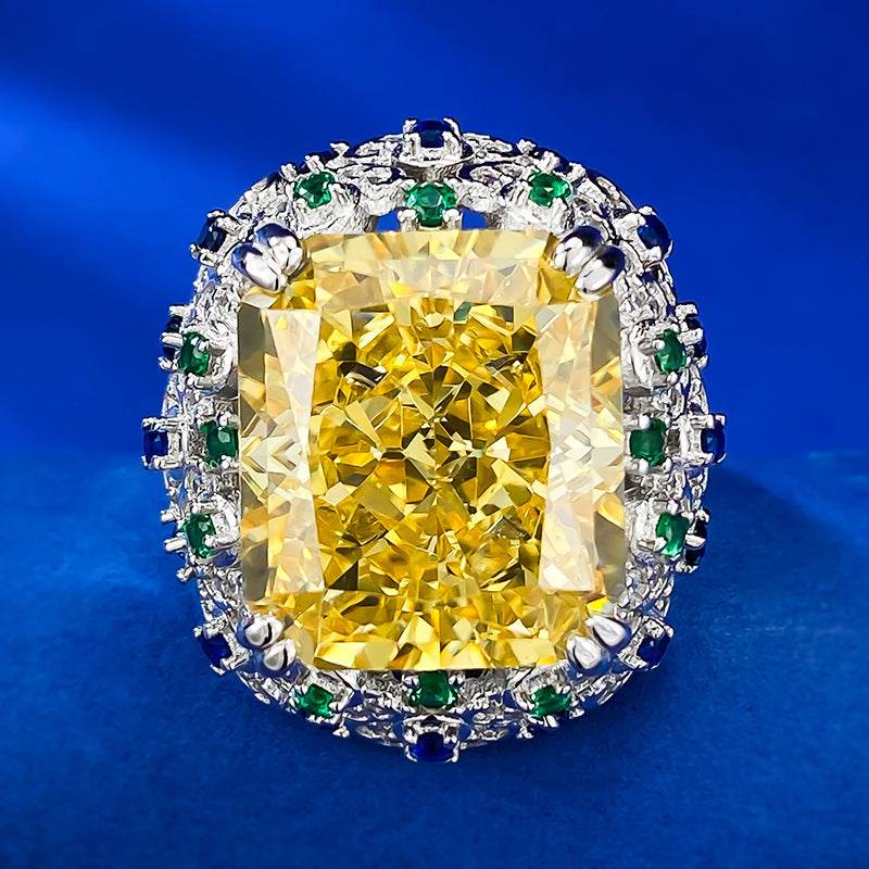 15 Carat High-Carbon Diamond Radiant Ice Flower-Cut 14x16mm Yellow Diamond Luxury Micro-Setting Ring