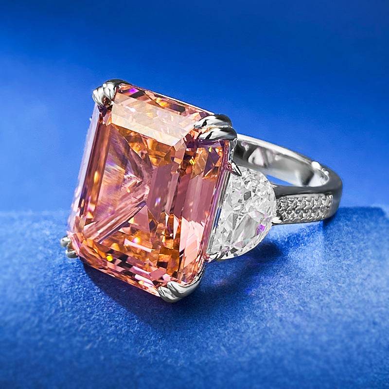 S925 Sterling Silver Women's 15ct Rectangular Asscher-Cut Sunset Orange-Pink Ring