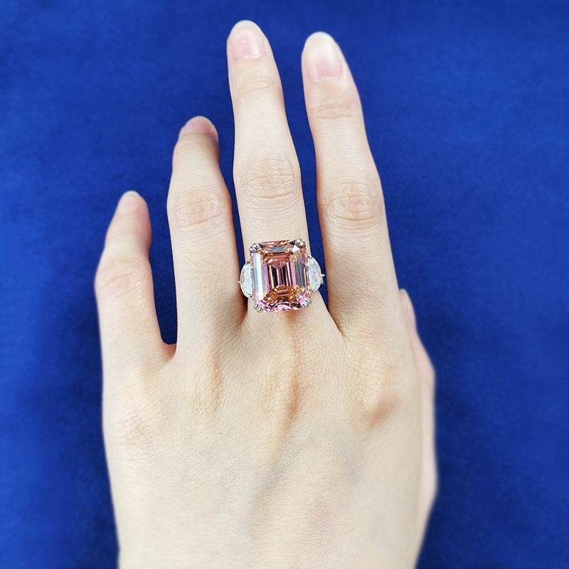 S925 Sterling Silver Women's 15ct Rectangular Asscher-Cut Sunset Orange-Pink Ring