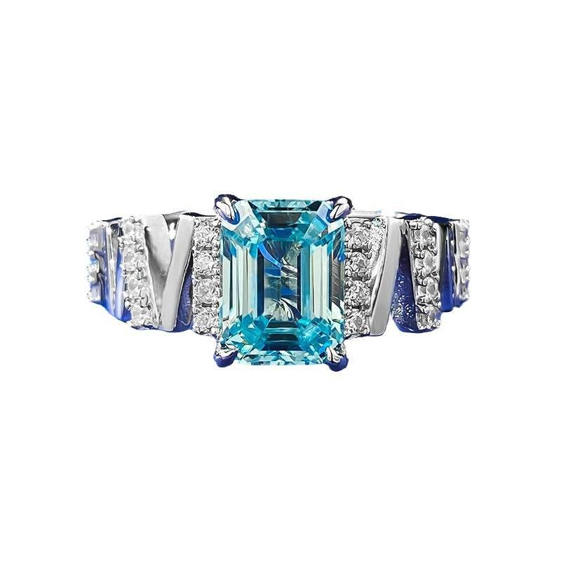 S925 Sterling Silver 6x8mm Rectangular Flat-Top Light Sea Blue Cubic Zirconia Women's Minimalist & Elegant Ring - MOWTE