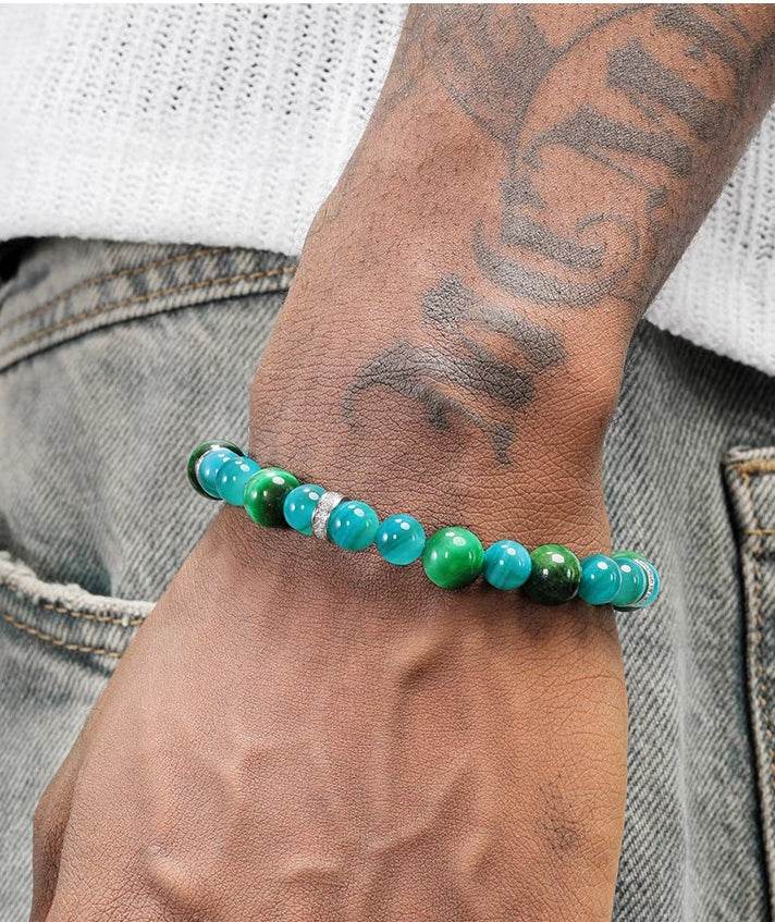Green Tiger's Eye Beaded Bracelet for Men & Blue Agate Bead Bracelet for Women - Versatile Indie Handmade Jewelry - MOWTE