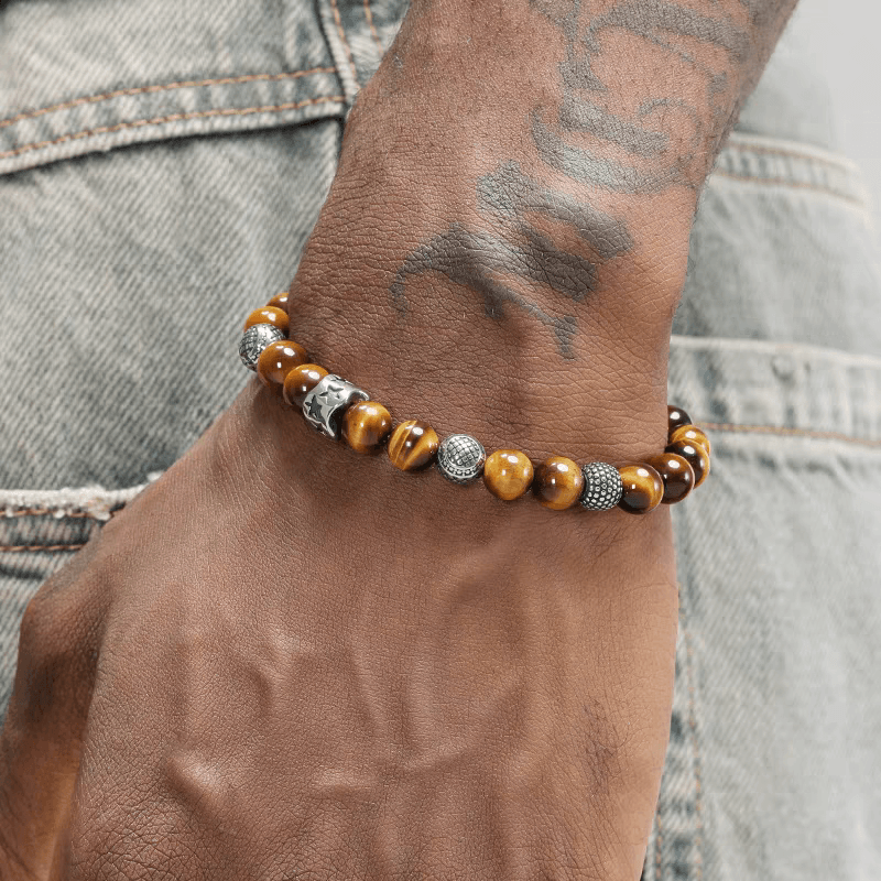 Natural tiger eye stone bracelet for men and women trendy niche steel ball tiger eye stone bracelet versatile boyfriend gift - MOWTE