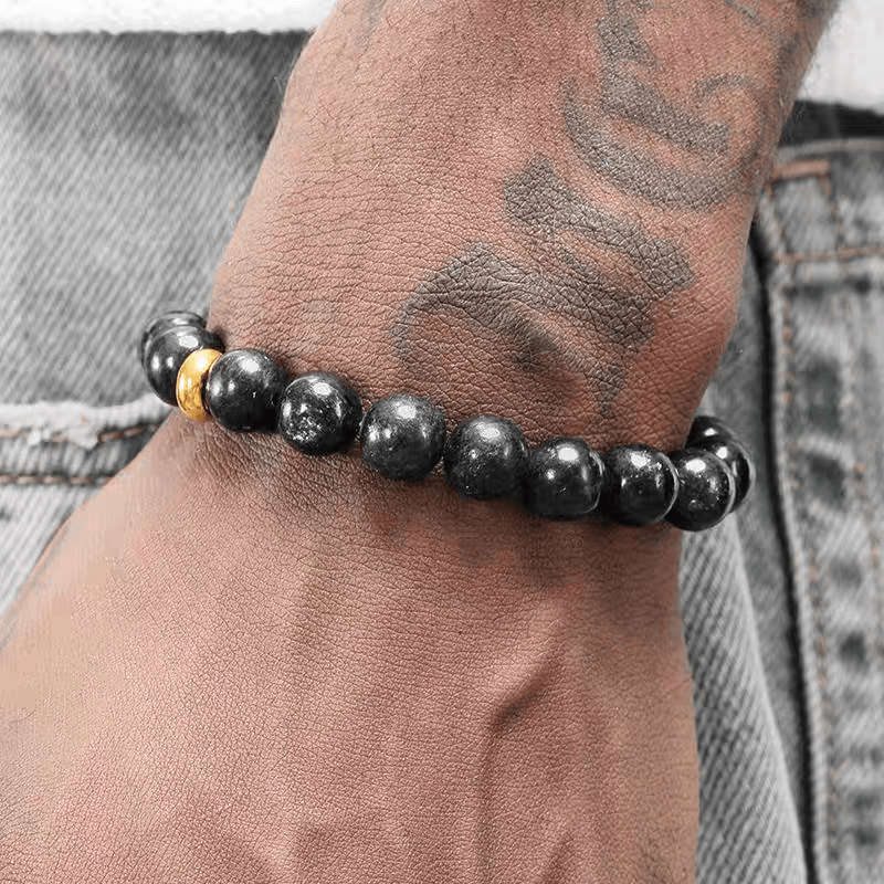 Golden Circle Black Stone Bracelet Men's Retro Trendy Versatile Handmade Round Bead Bead Bracelet Women's Handpiece Simple - MOWTE