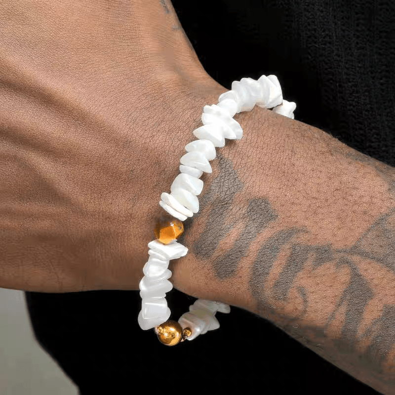 Round white shell bracelet for men and women simple and fashionable tiger eye stone handmade bead bracelet - MOWTE