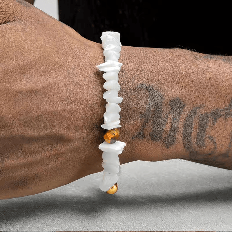 Round white shell bracelet for men and women simple and fashionable tiger eye stone handmade bead bracelet - MOWTE