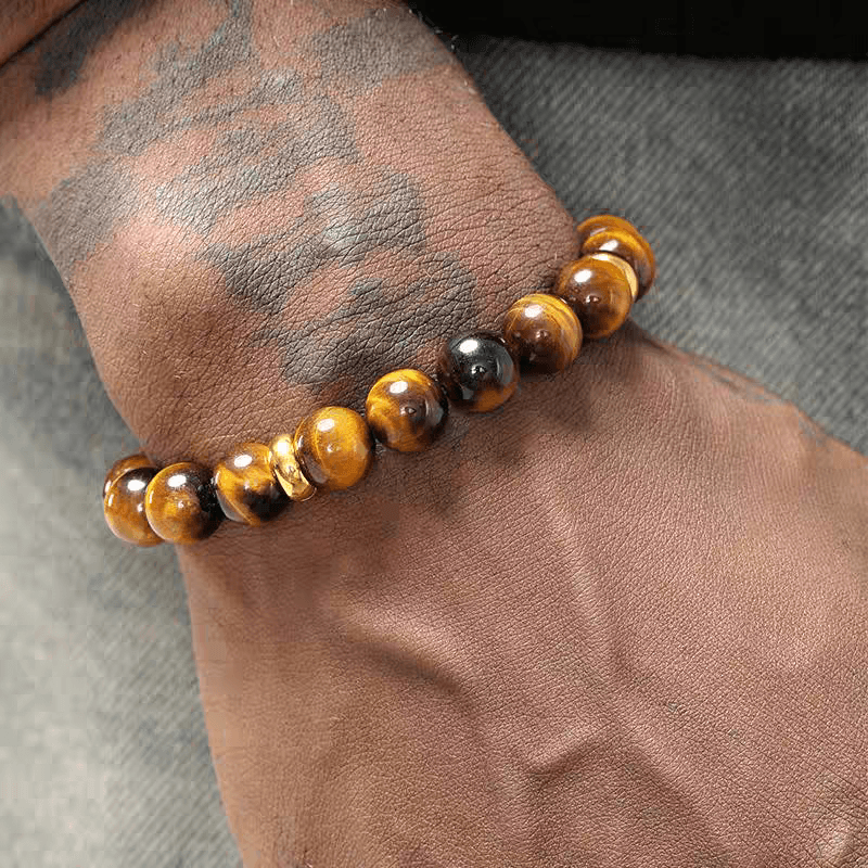 Natural Tiger Eye Stone Bracelet for Men Trendy Versatile Round Bead Cross Gold Circle Round Bead Bracelet for Women - MOWTE