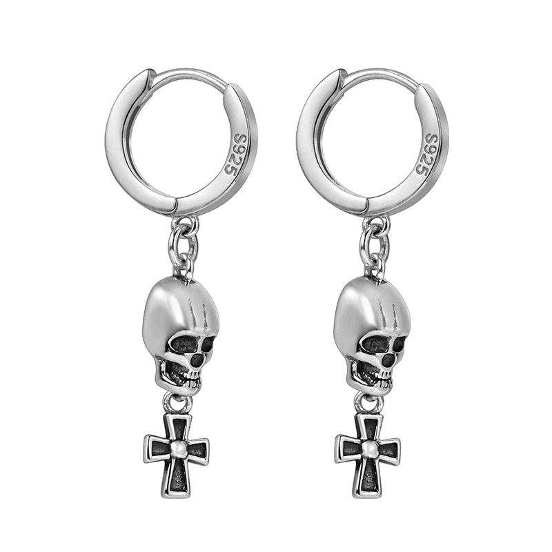 S925 sterling silver cross earrings men's and women's trendy personalized earrings skull head earrings - MOWTE