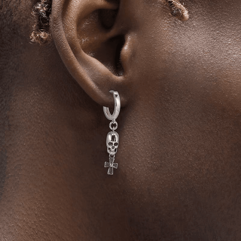 S925 sterling silver cross earrings men's and women's trendy personalized earrings skull head earrings - MOWTE