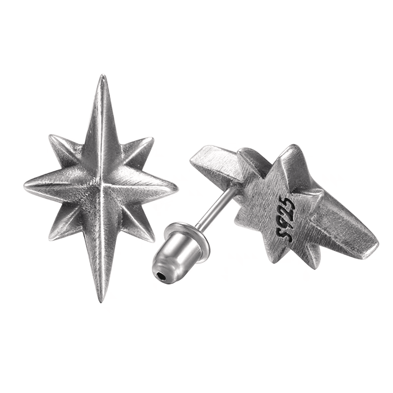 S925 pure silver octagonal North Star earrings for men hip-hop retro 3D earrings for women - MOWTE
