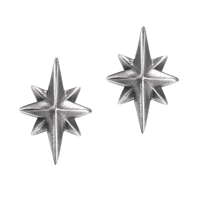 S925 pure silver octagonal North Star earrings for men hip-hop retro 3D earrings for women - MOWTE