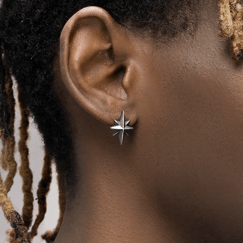 S925 pure silver octagonal North Star earrings for men hip-hop retro 3D earrings for women - MOWTE