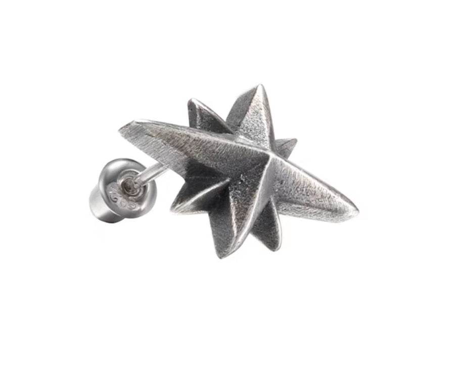 S925 pure silver octagonal North Star earrings for men hip-hop retro 3D earrings for women - MOWTE