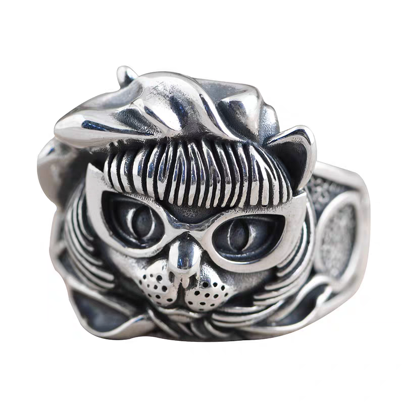 S925 pure silver precision kitten pirate Zoro eyes cat mouth for wealth cat men and women ring