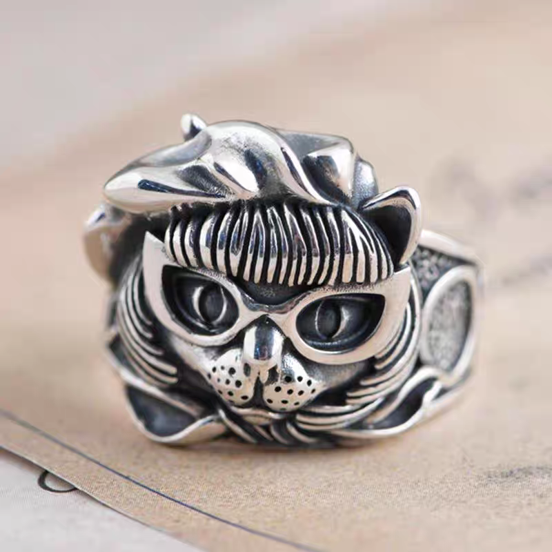 S925 pure silver precision kitten pirate Zoro eyes cat mouth for wealth cat men and women ring