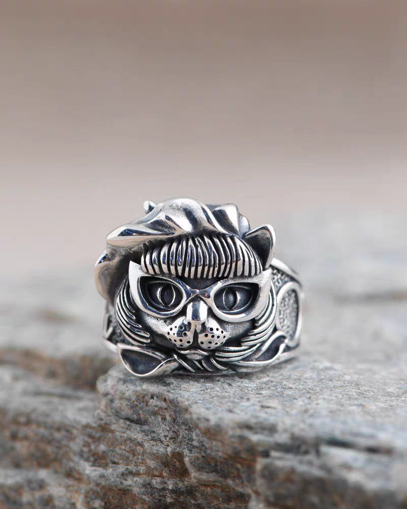 S925 pure silver precision kitten pirate Zoro eyes cat mouth for wealth cat men and women ring