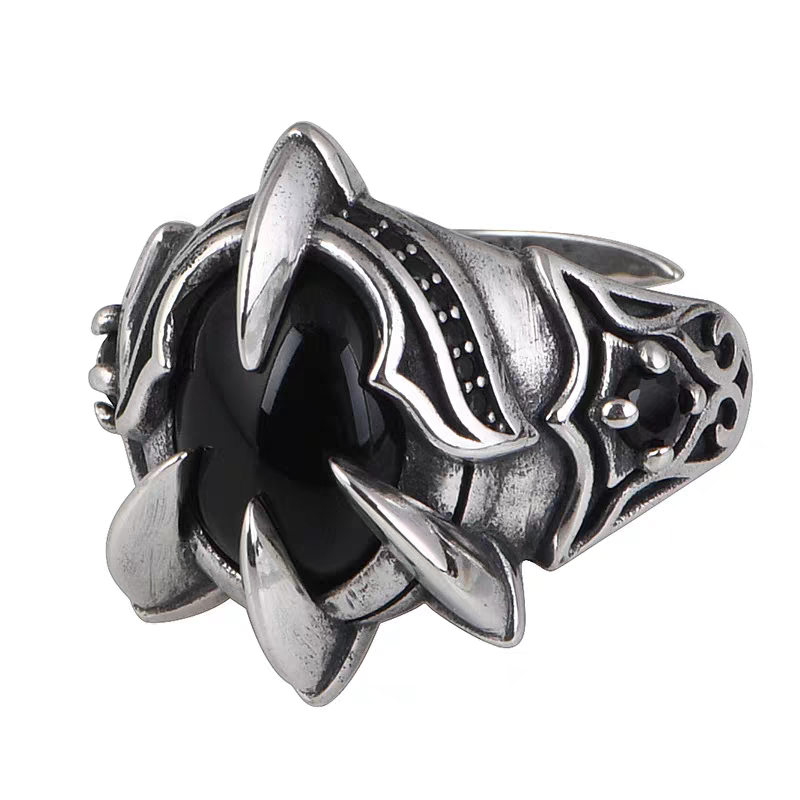 S925 pure silver precision black agate men's ring dragon claw domineering retro eagle claw style index finger men's ring