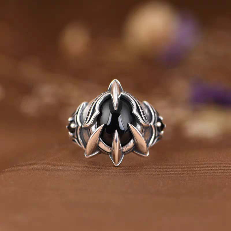 S925 pure silver precision black agate men's ring dragon claw domineering retro eagle claw style index finger men's ring