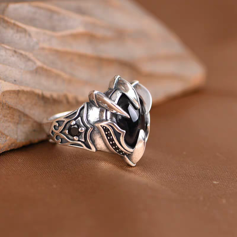 S925 pure silver precision black agate men's ring dragon claw domineering retro eagle claw style index finger men's ring