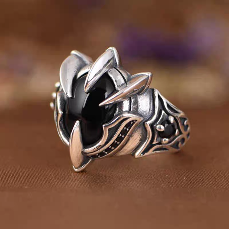 S925 pure silver precision black agate men's ring dragon claw domineering retro eagle claw style index finger men's ring