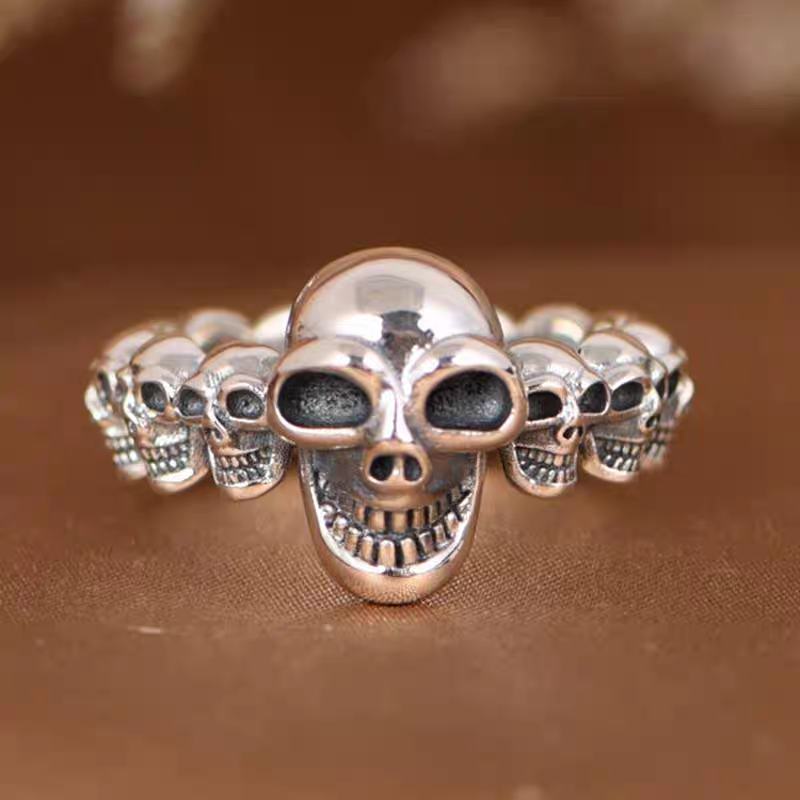 S925 pure silver precision trendy skull domineering punk style hip-hop rock skull open ring silver men's and women's rings