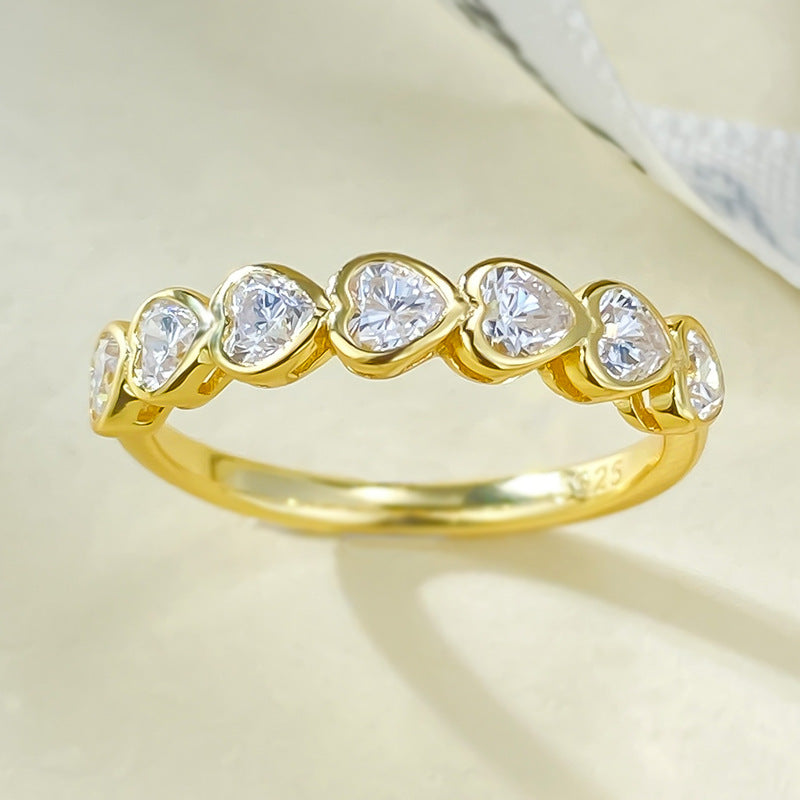 New 7pc heart-shaped high carbon diamond S925 silver plated gold ring basic stackable ring