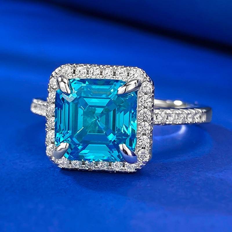 S925 Silver 8 * 8 Ocean Blue Diamond Ring Daily Fashion Rich Lady Style - MOWTE