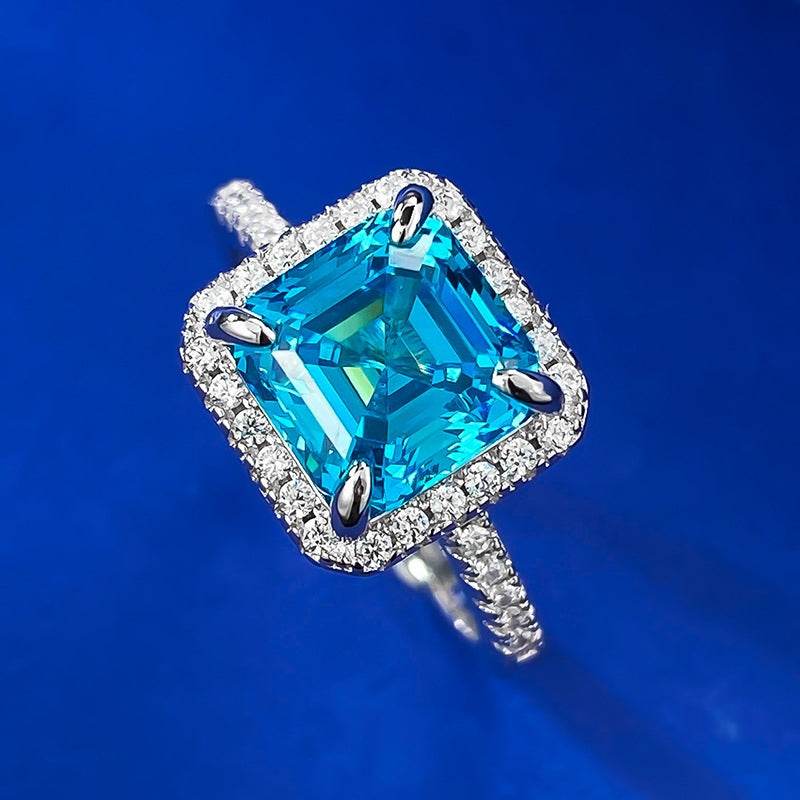S925 Silver 8 * 8 Ocean Blue Diamond Ring Daily Fashion Rich Lady Style - MOWTE