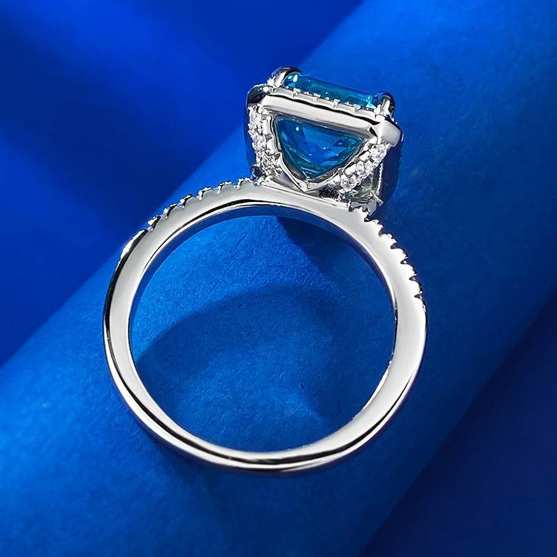 S925 Silver 8 * 8 Ocean Blue Diamond Ring Daily Fashion Rich Lady Style - MOWTE