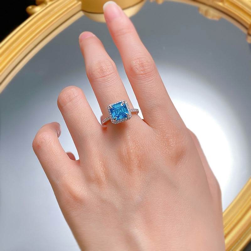 S925 Silver 8 * 8 Ocean Blue Diamond Ring Daily Fashion Rich Lady Style - MOWTE