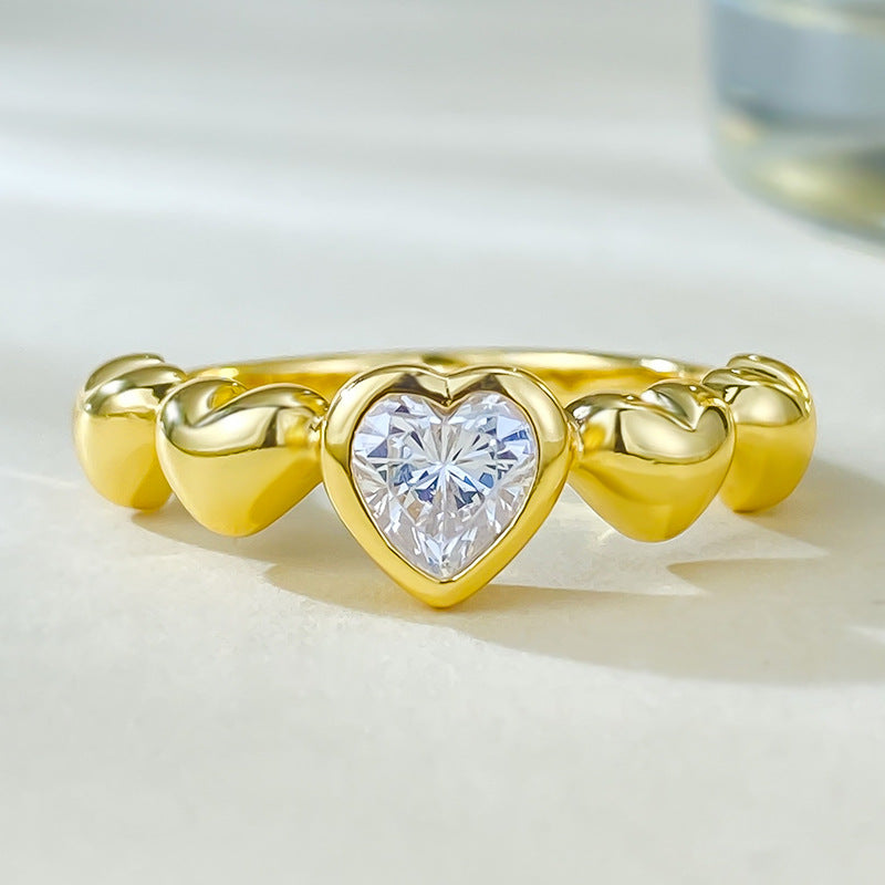 Heart-shaped high carbon diamond S925 silver plated gold ring basic stackable ring