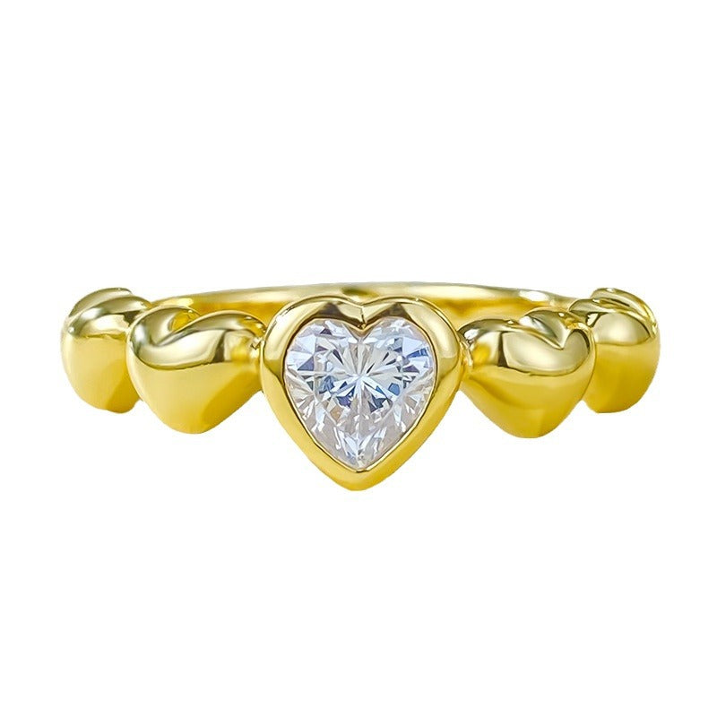 Heart-shaped high carbon diamond S925 silver plated gold ring basic stackable ring